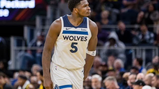 Nov 14, 2023; San Francisco, California, USA; Minnesota Timberwolves guard Anthony Edwards (5) reacts after hitting a three-point shot against the Golden State Warriors during the second half at Chase Center.
