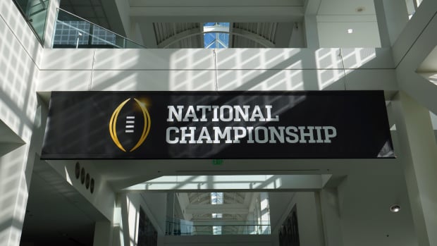 Jan 6, 2023; Los Angeles, California, USA; A College Football National Championship signage at the Los Angeles Convention Center, the site of the Playoff Fan Central. Mandatory Credit: Kirby Lee-USA TODAY Sports  