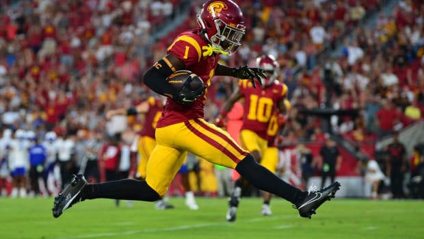 Aug 26, 2023; Los Angeles, California, USA; Southern California Trojans wide receiver Zachariah Branch (1) runs the ball in for a touchdown against the San Jose State Spartans during the second half at Los Angeles Memorial Coliseum.