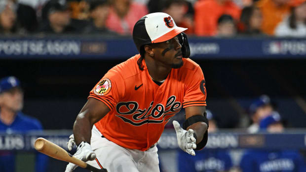 Oct 8, 2023; Baltimore, Maryland, USA; Baltimore Orioles shortstop Jorge Mateo (3) hits a double during the sixth inning against the Texas Rangers during game two of the ALDS for the 2023 MLB playoffs at Oriole Park at Camden Yards. Mandatory Credit: Tommy Gilligan-USA TODAY Sports