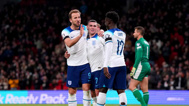 Harry Kane pictured (left) celebrating with Phil Foden (center) and Bukayo Saka after scoring the 62nd goal of his international career in England's 2-0 win over Malta in November 2023