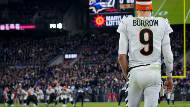 Injured Cincinnati Bengals quarterback Joe Burrow (9) paces the sideline in the fourth quarter of the NFL Week 11 game between the Baltimore Ravens and the Cincinnati Bengals at M&T Bank Stadium in Baltimore on Thursday, Nov. 16, 2023. The Bengals fell to the Ravens, 34-20.  