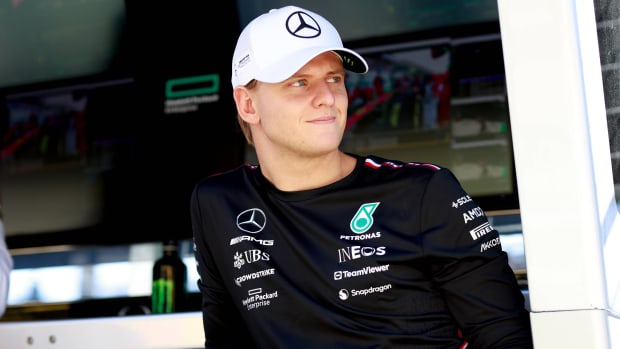 Mercedes reserve driver Mick Schumacher looks on from the pit wall during the F1 Brazil Grand Prix.