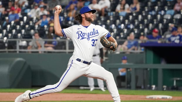 Sep 5, 2023; Kansas City, Missouri, USA; Kansas City Royals relief pitcher Jackson Kowar (37) delivers a pitch against the Chicago White Sox in the ninth inning at Kauffman Stadium.