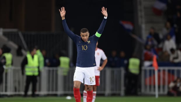 Kylian Mbappe pictured celebrating after scoring the 300th goal of his senior career in France's 14-0 win over Gibraltar in November 2023