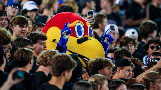 Sep 8, 2023; Lawrence, Kansas, USA; Kansas Jayhawks mascot Baby Jay performs in the student section during the second half against the Illinois Fighting Illini at David Booth Kansas Memorial Stadium. Mandatory Credit: Jay Biggerstaff-USA TODAY Sports  