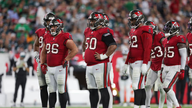Sep 25, 2023; Tampa, Florida, USA; Tampa Bay Buccaneers defensive tackle Vita Vea (50) defensive tackle Greg Gaines (96) and defensive end William Gholston (92) line up against the Philadelphia Eagles in the fourth quarter at Raymond James Stadium. Mandatory Credit: Nathan Ray Seebeck-USA TODAY Sports  