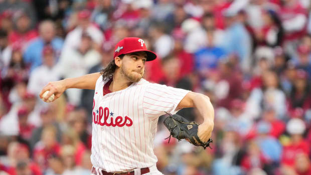 Phillies starting pitcher Aaron Nola (27) pitches during the second inning against the Diamondbacks in Game 6 of the NLCS at Citizens Bank Park.