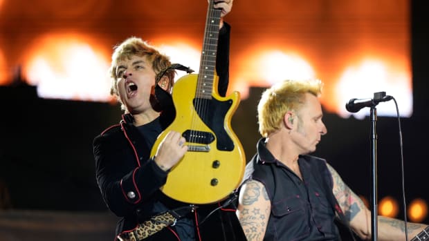 Green Day performs during the half time of the 110th Grey Cup game between the Montreal Alouettes and Winnipeg Blue Bombers at Tim Hortons Field.