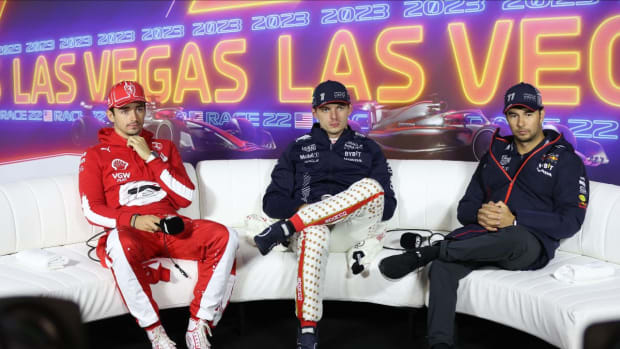 The top-3 finishers from Saturday's F1 race in Las Vegas (from left to right): Runner-up Charles Leclerc, race winner Max Verstappen and third-place finisher Sergio Perez. Photo courtesy F1.
