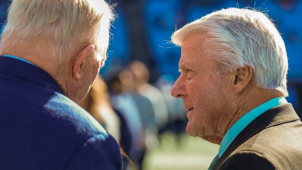 Dallas Cowboys owner Jerry Jones and Fox's Jimmy Johnson at game with Carolina Panthers