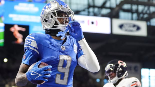 Detroit Lions receiver Jameson Williams celebrates his touchdown against the Chicago Bears during the fourth quarter at Ford Field in Detroit on Sunday, Nov. 19, 2023.