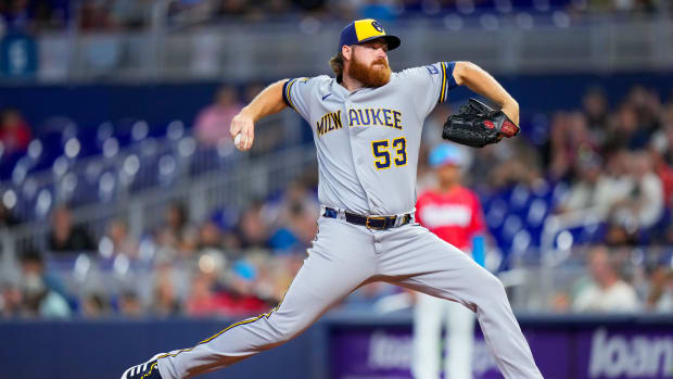 Milwaukee Brewers starting pitcher Brandon Woodruff throws a pitch against the Miami Marlins during the first inning at loanDepot Park. (2023)