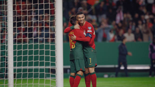 Cristiano Ronaldo pictured (right) hugging Ricardo Horta after the Braga winger scored a goal for Portugal in a 2-0 win over Iceland in November 2023