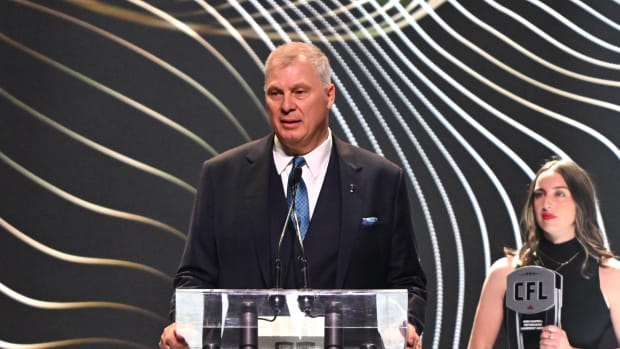 Nov 16, 2023; Niagra Falls, Ontario, CAN; CFL Commissioner Randy Ambrosie speaks on stage during the CFL Awards at Fallsview Casino & Resort. Mandatory Credit: Dan Hamilton-USA TODAY Sports