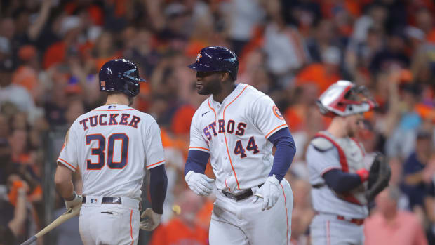 Oct 7, 2023; Houston, Texas, USA; Houston Astros left fielder Yordan Alvarez (44) celebrates hitting a home-run with right fielder Kyle Tucker (30) in the seventh inning against the Minnesota Twins during game one of the ALDS for the 2023 MLB playoffs at Minute Maid Park. Mandatory Credit: Erik Williams-USA TODAY Sports