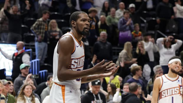 Nov 19, 2023; Salt Lake City, Utah, USA; Phoenix Suns forward Kevin Durant (35) reacts after being called for a foul on a shot by Utah Jazz forward Lauri Markkanen (23) during the second half. The foul would be successfully challenged by the Phoenix Suns at Delta Center.