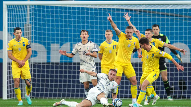 An action shot taken during a 0-0 draw between Ukraine and Italy in November 2023