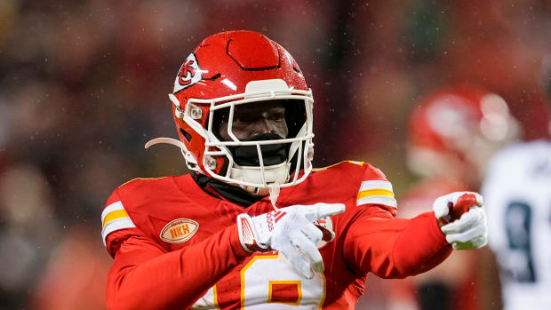 Nov 20, 2023; Kansas City, Missouri, USA; Kansas City Chiefs wide receiver Kadarius Toney (19) celebrates after a first down during the first half against the Philadelphia Eagles at GEHA Field at Arrowhead Stadium. Mandatory Credit: Jay Biggerstaff-USA TODAY Sports  