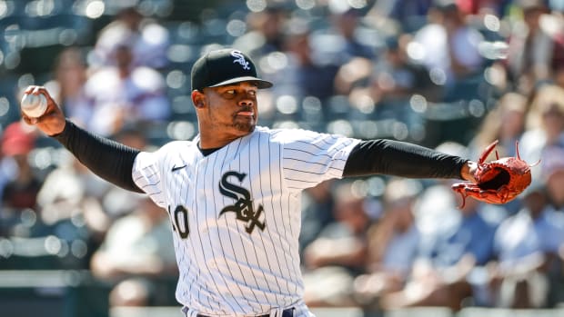 Sep 16, 2021; Chicago, Illinois, USA; Chicago White Sox starting pitcher Reynaldo Lopez (40) delivers against the Los Angeles Angels during the first inning at Guaranteed Rate Field.