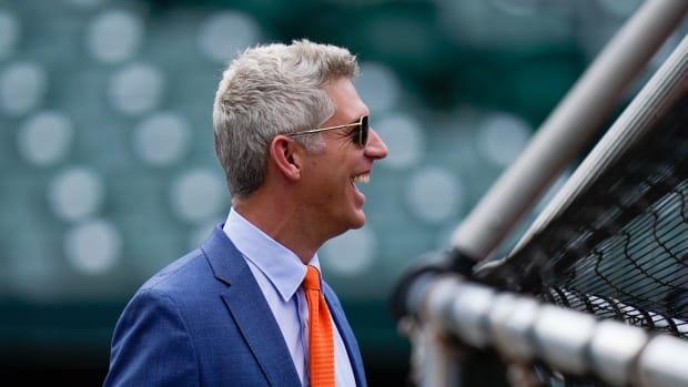 Jul 27, 2022; Baltimore, Maryland, USA; Baltimore Orioles general manager Mike Elias reacts on the field before the game between the Baltimore Orioles and the Tampa Bay Rays at Oriole Park at Camden Yards. Mandatory Credit: Tommy Gilligan-USA TODAY Sports
