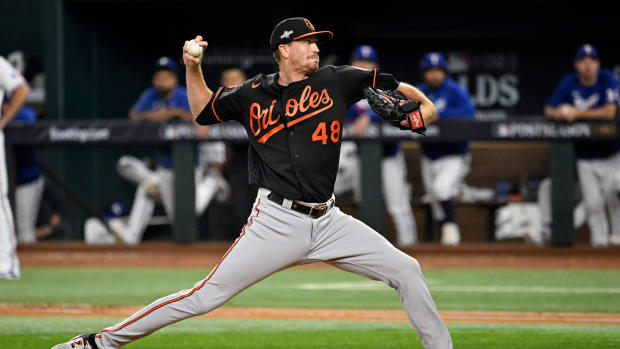 Baltimore Orioles relief pitcher Kyle Gibson (48) pitches in the fourth inning against the Texas Rangers during game three of the ALDS for the 2023 MLB playoffs at Globe Life Field.