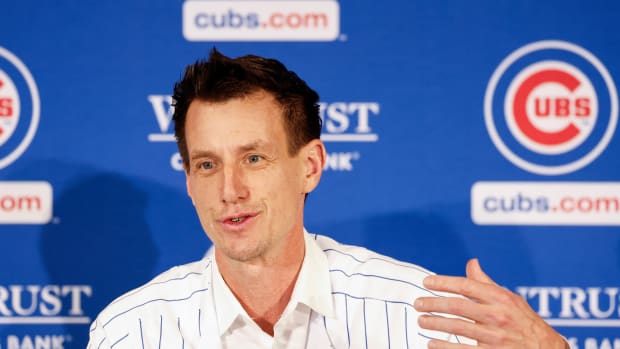 Nov 13, 2023; Chicago, Illinois, USA; Craig Counsell speaks as he is introduced as a new Chicago Cubs manager during a press conference in Chicago. Mandatory Credit: Kamil Krzaczynski-USA TODAY Sports