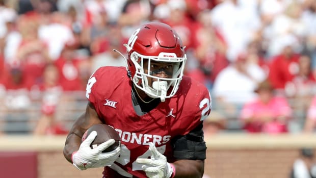 Oklahoma's Marcus Major (24) rushes in the second half of the college football game between the University of Oklahoma Sooners and the University of Central Florida Knights at Gaylord Family Oklahoma-Memorial Stadium in Norman, Okla., Saturday, Oct., 21, 2023.