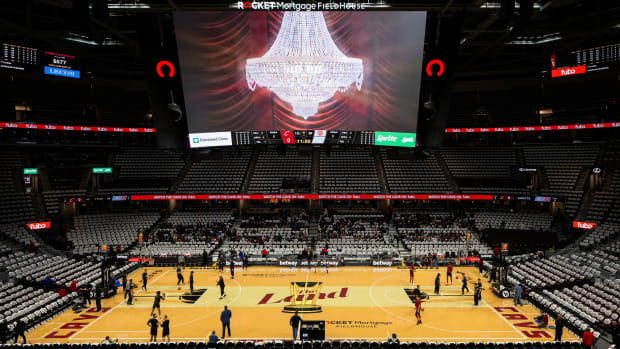 Nov 17, 2023; Cleveland, Ohio, USA; The Cleveland Cavaliers in-season tournament floor is seen before the game between the Cavaliers and the Detroit Pistons at Rocket Mortgage FieldHouse. Mandatory Credit: Ken Blaze-USA TODAY Sports
