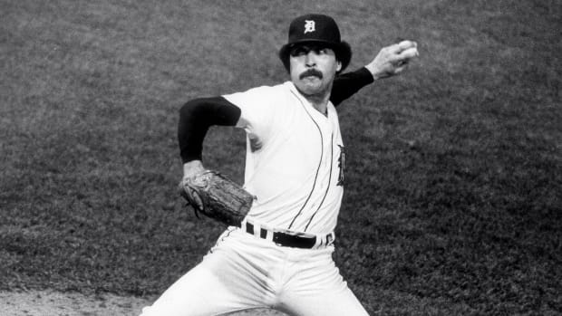 Detroit Tigers' Willie Hernandez pitches in Game 3 of the World Series at Tiger Stadium, Oct. 12, 1984. Willie Hernandez