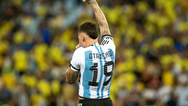 Nicolas Otamendi pictured celebrating after scoring the winning goal for Argentina in a 1-0 away victory over Brazil in November 2023