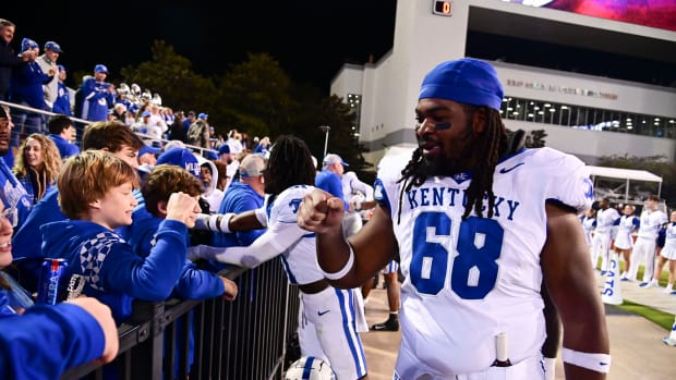 Nov 4, 2023; Starkville, Mississippi, USA;Kentucky Wildcats offensive lineman Kenneth Horsey (68) reacts with fans after the game against the Mississippi State Bulldogs at Davis Wade Stadium at Scott Field.