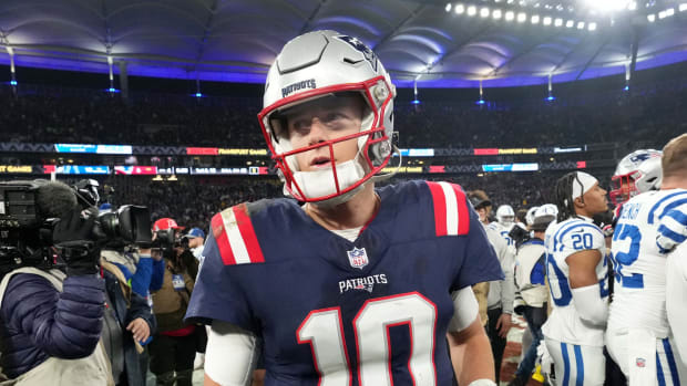 Nov 12, 2023; Frankfurt, Germany; New England Patriots quarterback Mac Jones (10) leaves the field after an NFL International Series game against the Indianapolis Colts at Deutsche Bank Park.