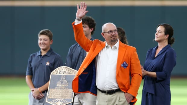 Aug 7, 2021; Houston, Texas, USA; Billy Wagner is inducted in the 2021 Houston Astros Hall of Fame before a game between the Houston Astros and the Minnesota Twins at Minute Maid Park. Mandatory Credit: Thomas Shea-USA TODAY Sports