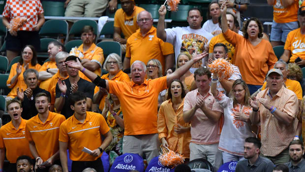Nov 21, 2023; Honolulu, HI, USA; Tennessee Volunteer fans cheer during the first period of a game against the Purdue Boilermakers at SimpliFi Arena at Stan Sheriff Center. Mandatory Credit: Steven Erler-USA TODAY Sports  