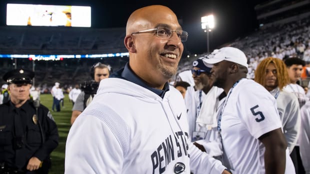 Penn State coach James Franklin celebrates a Nittany Lions victory at Beaver Stadium.