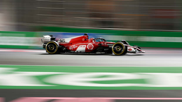 Ferrari driver Charles Leclerc, of Monaco, drives during the Formula One Las Vegas Grand Prix.