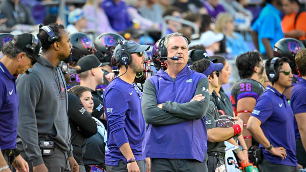 Nov 18, 2023; Fort Worth, Texas, USA; TCU Horned Frogs head coach Sonny Dykes during the game between the TCU Horned Frogs and the Baylor Bears at Amon G. Carter Stadium. Mandatory Credit: Jerome Miron-USA TODAY Sports