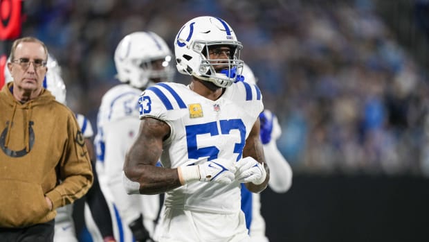 Indianapolis Colts linebacker Shaquille Leonard (53) during the second half against the Indianapolis Colts at Bank of America Stadium.