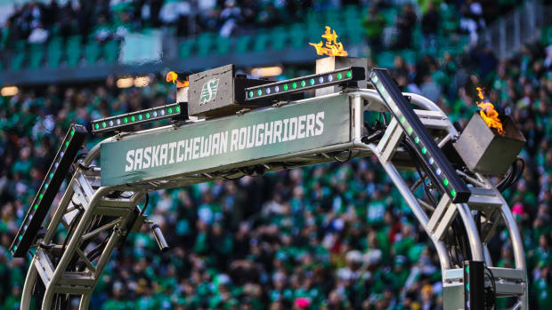 Nov 17, 2019; Regina, Saskatchewan, CAN; Flames on the gate to the field prior to the game between the Winnipeg Blue Bombers and the Saskatchewan Roughriders during the CFL Western Conference Final football game at Mosaic Stadium. Mandatory Credit: Sergei Belski-USA TODAY Sports