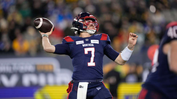 Nov 19, 2023; Hamilton, Ontario, CAN; Montreal Alouettes quarterback Cody Fajardo (7) throws a pass against the Winnipeg Blue Bombers during the second quarter of the 110th Grey Cup game at Tim Hortons Field. Mandatory Credit: John E. Sokolowski-USA TODAY Sports