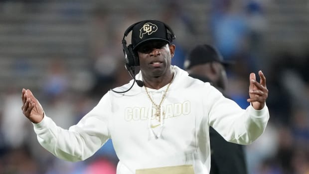 Oct 28, 2023; Pasadena, California, USA; Colorado Buffaloes head coach Deion Sanders reacts against the UCLA Bruins in the second half at Rose Bowl. Mandatory Credit: Kirby Lee-USA TODAY Sports