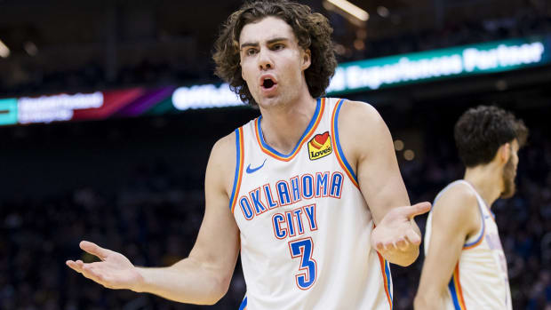 Oklahoma City Thunder guard Josh Giddey reacts to a foul call during a game against the Golden State Warriors on Nov. 18, 2023.