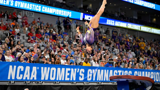 Apr 13, 2023; Fort Worth, TX, USA; LSU Tigers gymnast Elena Arenas performs on vault during the NCAA Women's National Gymnastics Tournament Semifinal at Dickies Arena.