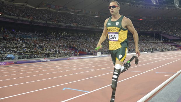Oscar Pistorius of South Africa competes in the men’s 4x400m relay final at the 2012 Olympic Games in London.