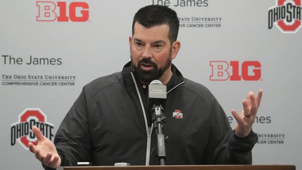 Ohio State Buckeyes football coach Ryan Day speaks to reporters at a news conference on Feb. 1, 2023.