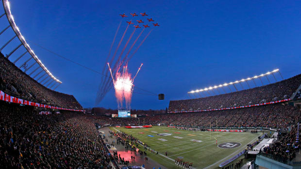 Nov 25, 2018; Edmonton, Alberta, CAN; The Canadian Snowbirds fly over the opening ceremonies during the 106th Grey Cup game at The Brick Field at Commonwealth Stadium. Mandatory Credit: Perry Nelson-USA TODAY Sports