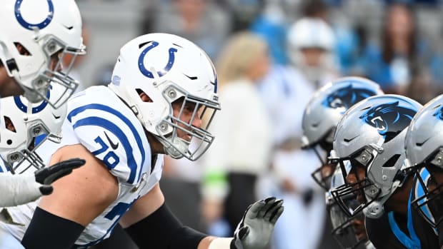 Nov 5, 2023; Charlotte, North Carolina, USA; Indianapolis Colts center Ryan Kelly (78) prepares to block after hiking the ball in the first quarter at Bank of America Stadium.