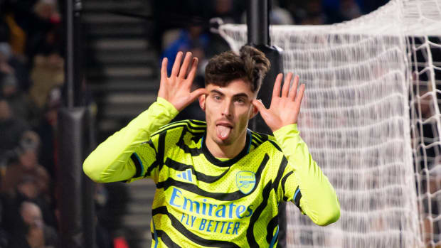 Kai Havertz pictured celebrating after scoring a late winning goal for Arsenal in a 1-0 victory at Brentford in November 2023
