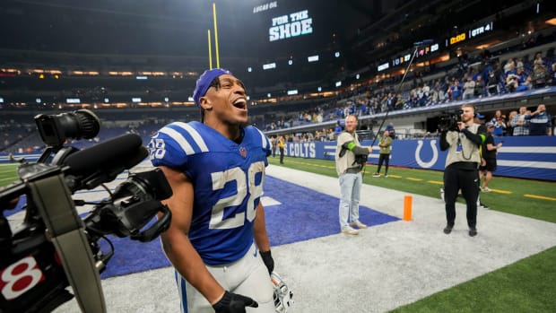 Indianapolis Colts running back Jonathan Taylor (28) celebrates as he leaves the field Sunday, Nov. 26, 2023, after defeating the Tampa Bay Buccaneers at Lucas Oil Stadium in Indianapolis.  